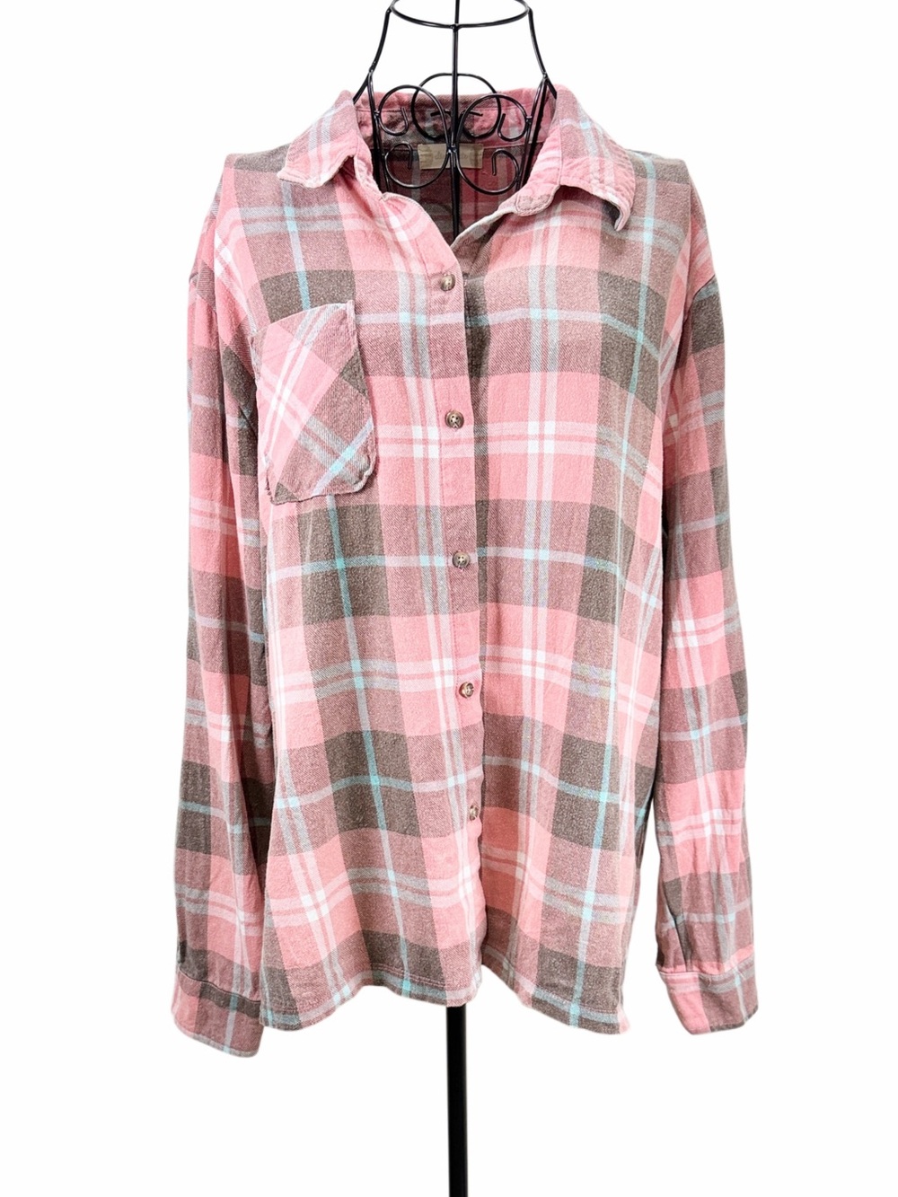 Altar'd State Pink Brown Plaid Button-Up Tunic